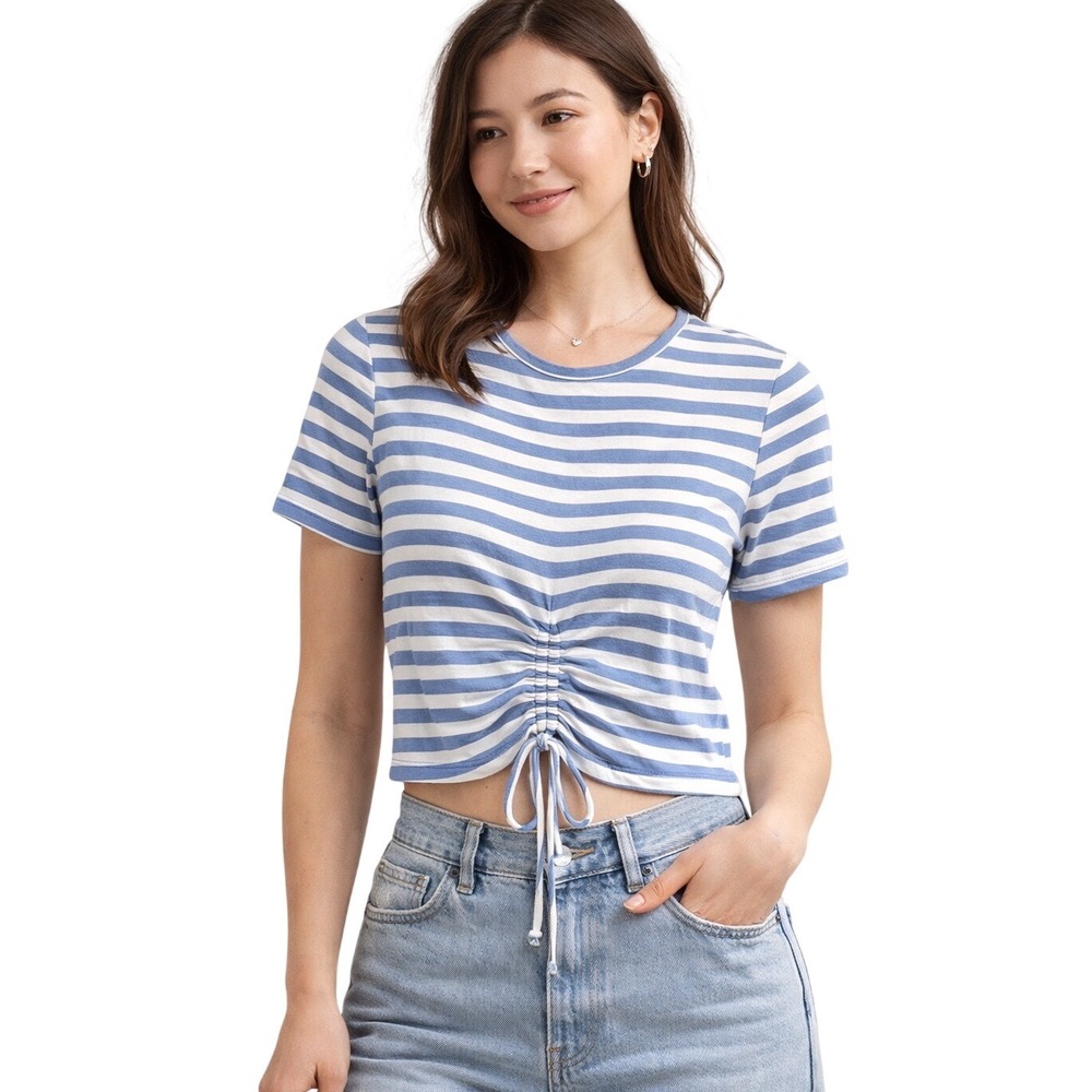 Charlotte Russe Blue White Stripe Ruched Drawstring Crop Top Soft Girl Small‎